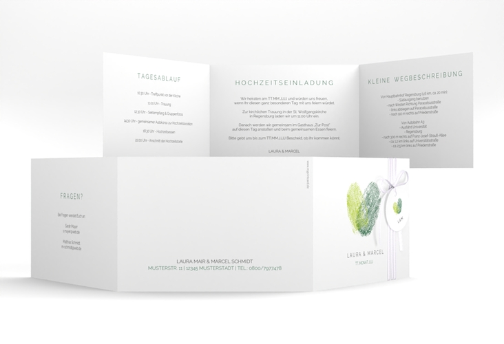 Hochzeitseinladung Fingerprint A6 Doppel-Klappkarte gruen hochglanz schlicht mit Fingerabdruck-Motiv