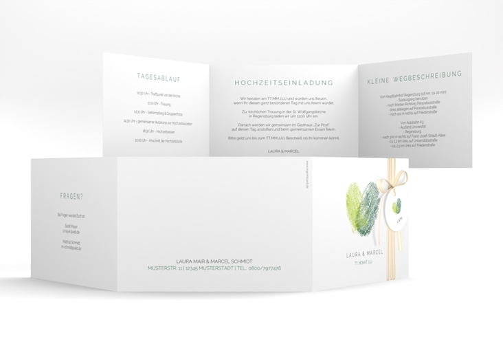 Hochzeitseinladung Fingerprint A6 Doppel-Klappkarte gruen hochglanz schlicht mit Fingerabdruck-Motiv