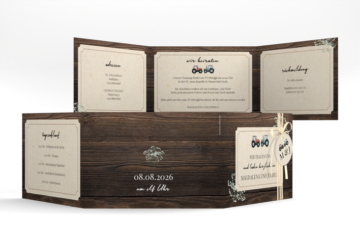 Hochzeitseinladung Bauernhochzeit A6 Doppel-Klappkarte braun in rustikaler Holz-Optik mit Schleierkraut und zwei kleinen Traktoren