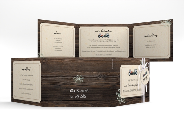 Hochzeitseinladung Bauernhochzeit A6 Doppel-Klappkarte in rustikaler Holz-Optik mit Schleierkraut und zwei kleinen Traktoren