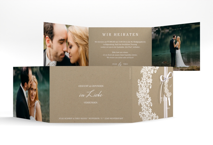 Hochzeitseinladung Mariage A6 Doppel-Klappkarte mit Bogen aus weißer Spitze