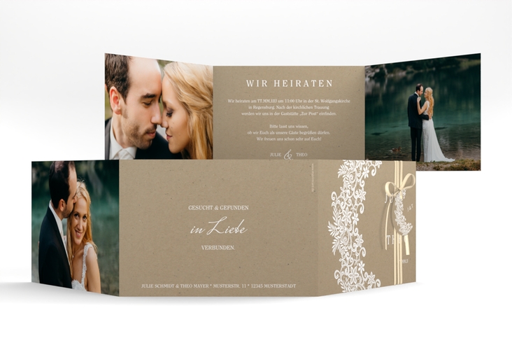Hochzeitseinladung Mariage A6 Doppel-Klappkarte mit Bogen aus weißer Spitze