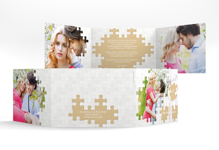 Hochzeitseinladung Puzzle A6 Doppel-Klappkarte beige