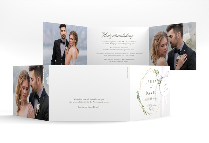 Hochzeitseinladung Herbarium A6 Doppel-Klappkarte gold mit geometrischem Rahmen und Blätter-Dekor