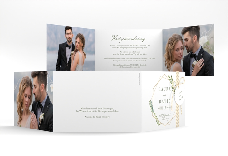 Hochzeitseinladung Herbarium A6 Doppel-Klappkarte gold mit geometrischem Rahmen und Blätter-Dekor