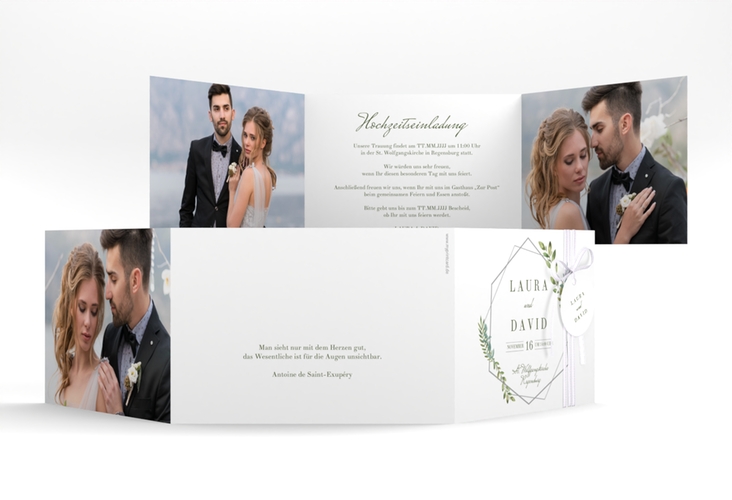 Hochzeitseinladung Herbarium A6 Doppel-Klappkarte grau mit geometrischem Rahmen und Blätter-Dekor