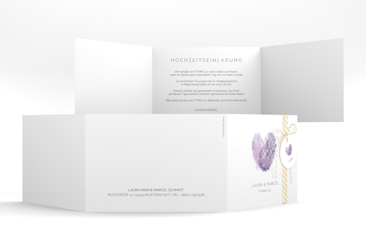 Hochzeitseinladung Fingerprint A6 Doppel-Klappkarte lila hochglanz schlicht mit Fingerabdruck-Motiv