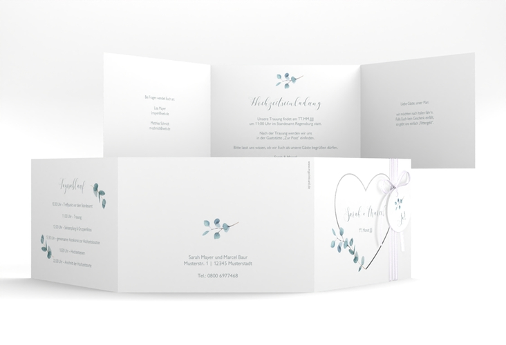 Hochzeitseinladung Greenheart A6 Doppel-Klappkarte hochglanz mit elegantem Herz und Eukalyptus-Zweig