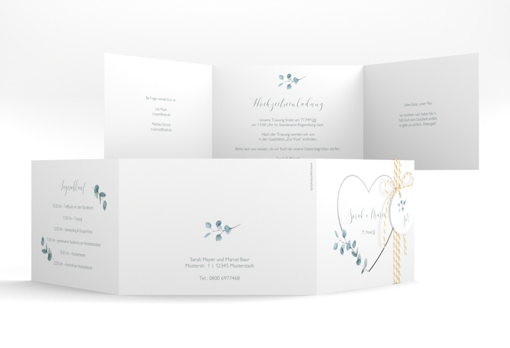 Hochzeitseinladung Greenheart A6 Doppel-Klappkarte hochglanz mit elegantem Herz und Eukalyptus-Zweig