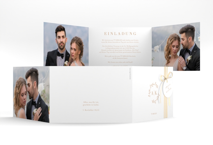 Hochzeitseinladung Filigrana A6 Doppel-Klappkarte beige in reduziertem Design mit Initialen und zartem Blätterkranz