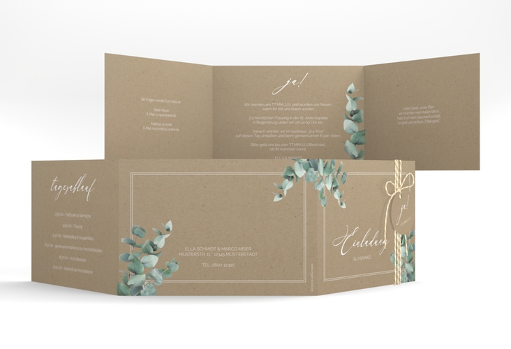 Hochzeitseinladung Eucalypt A6 Doppel-Klappkarte Kraftpapier hochglanz mit Eukalyptus und edlem Rahmen