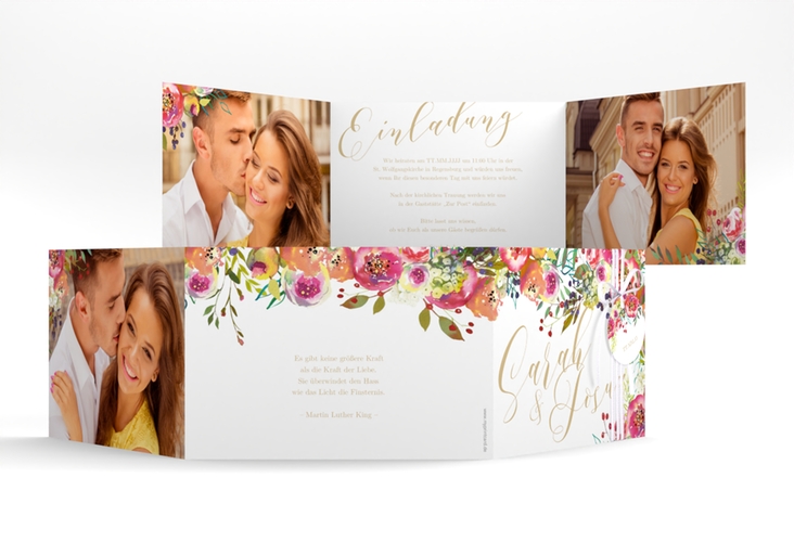 Hochzeitseinladung Flowerbomb A6 Doppel-Klappkarte weiss