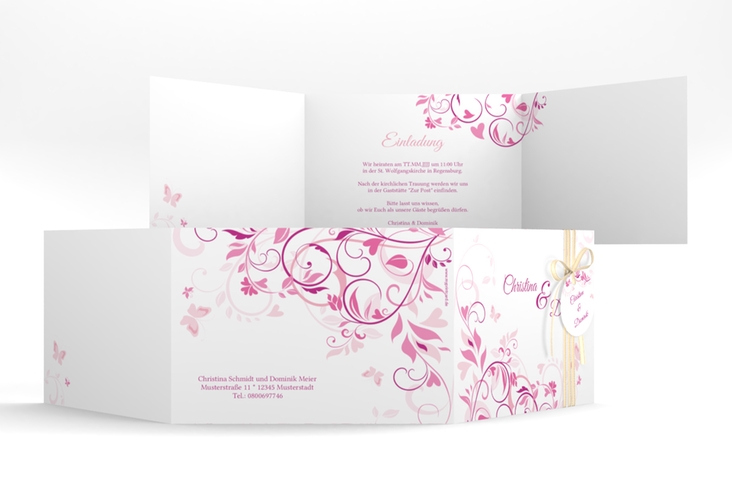 Hochzeitseinladung Lilly A6 Doppel-Klappkarte pink hochglanz