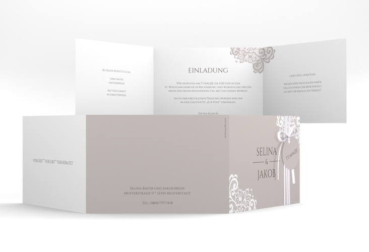 Hochzeitseinladung Vintage A6 Doppel-Klappkarte grau mit floraler Spitze