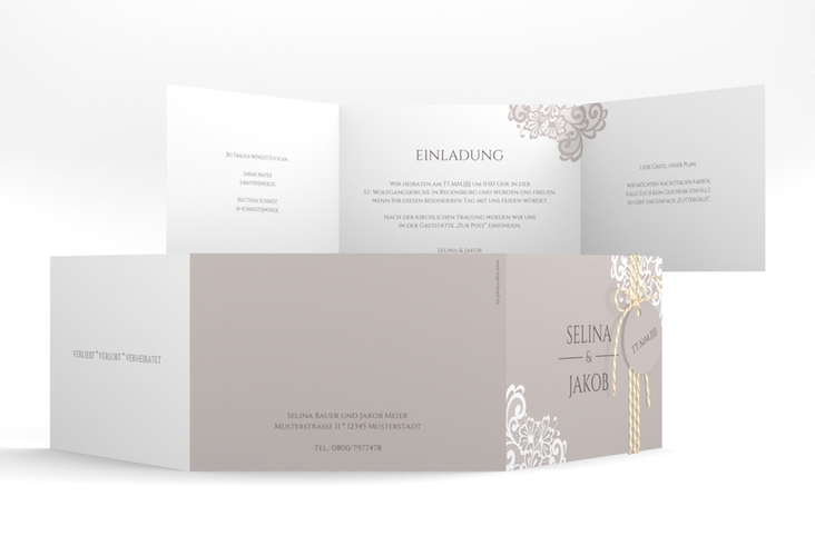 Hochzeitseinladung Vintage A6 Doppel-Klappkarte grau mit floraler Spitze