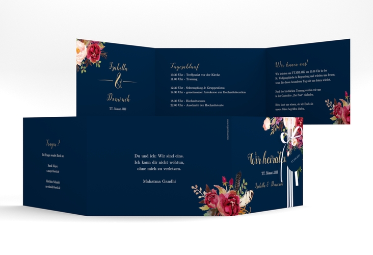 Hochzeitseinladung Flowers A6 Doppel-Klappkarte blau mit bunten Aquarell-Blumen