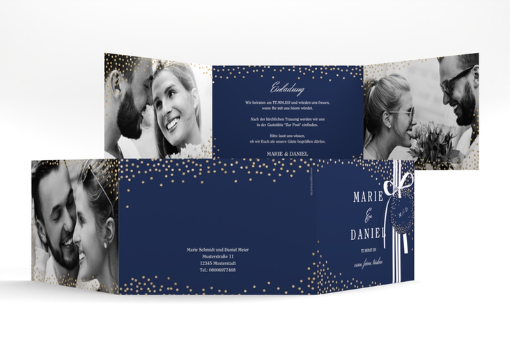 Hochzeitseinladung Glitter A6 Doppel-Klappkarte blau hochglanz
