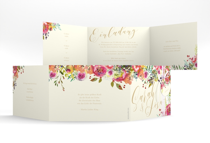 Hochzeitseinladung Flowerbomb A6 Doppel-Klappkarte beige