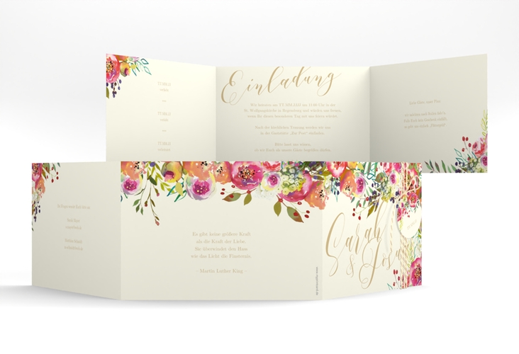 Hochzeitseinladung Flowerbomb A6 Doppel-Klappkarte beige