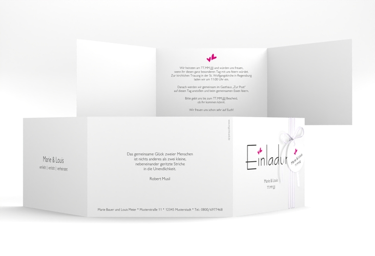 Hochzeitseinladung Twohearts A6 Doppel-Klappkarte pink hochglanz