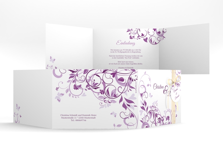 Hochzeitseinladung Lilly A6 Doppel-Klappkarte lila hochglanz
