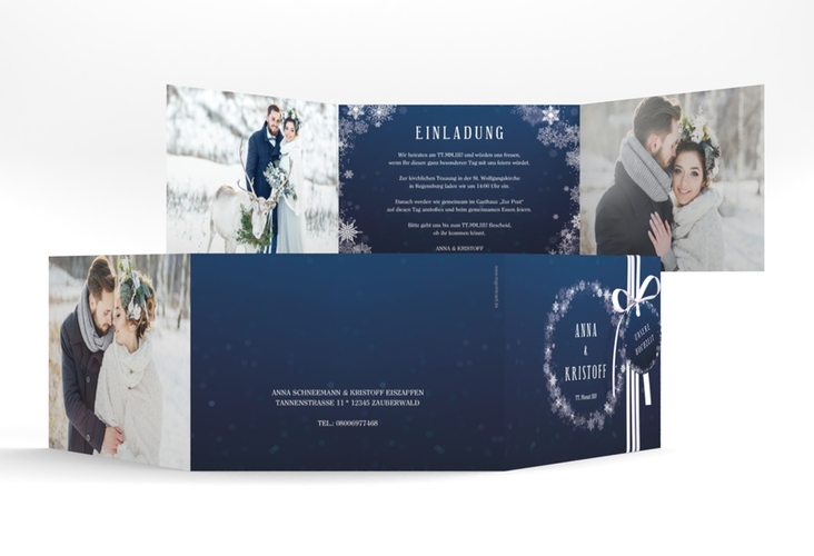 Hochzeitseinladung Winterdream A6 Doppel-Klappkarte blau mit Eisblumen