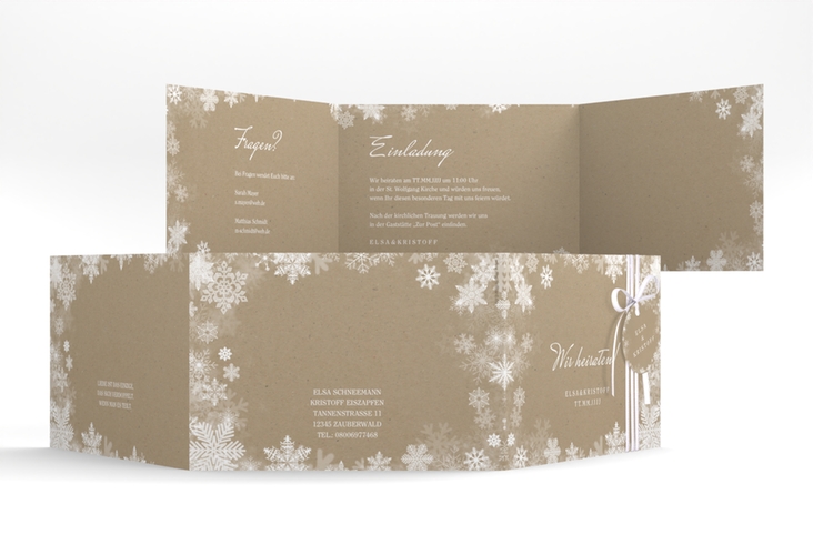 Hochzeitseinladung Snowfall A6 Doppel-Klappkarte Kraftpapier mit Schneeflocken für Winterhochzeit