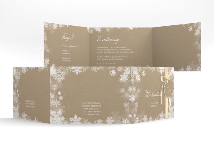 Hochzeitseinladung Snowfall A6 Doppel-Klappkarte Kraftpapier mit Schneeflocken für Winterhochzeit