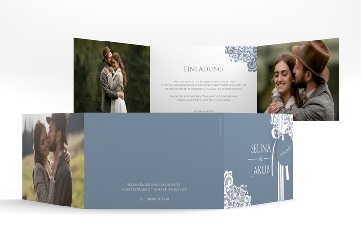 Hochzeitseinladung Vintage A6 Doppel-Klappkarte blau mit floraler Spitze