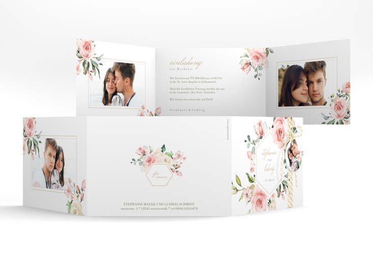 Hochzeitseinladung Graceful A6 Doppel-Klappkarte weiss mit Rosenblüten in Rosa und Weiß