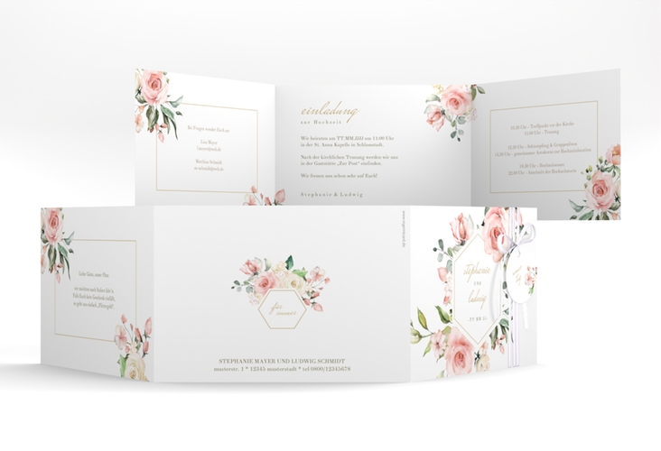 Hochzeitseinladung Graceful A6 Doppel-Klappkarte weiss hochglanz mit Rosenblüten in Rosa und Weiß