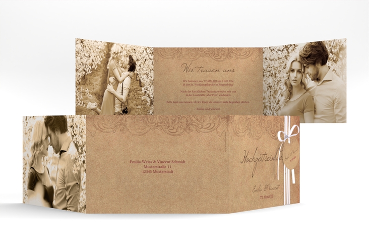 Hochzeitseinladung Fairytale A6 Doppel-Klappkarte braun mit Vintage-Bordüre