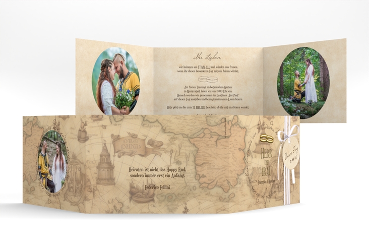 Hochzeitseinladung Zwei Ringe A6 Doppel-Klappkarte mit Eheringen und Fantasy-Landkarte