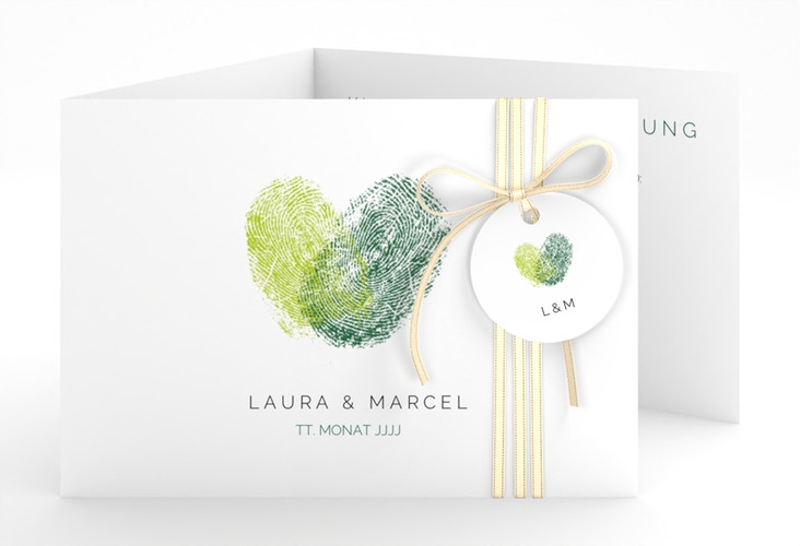 Hochzeitseinladung Fingerprint A6 Doppel-Klappkarte gruen hochglanz schlicht mit Fingerabdruck-Motiv
