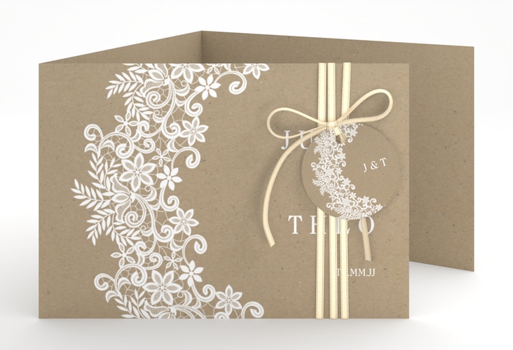 Hochzeitseinladung Mariage A6 Doppel-Klappkarte Kraftpapier hochglanz mit Bogen aus weißer Spitze