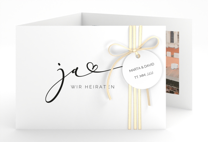 Hochzeitseinladung Jawort A6 Doppel-Klappkarte weiss hochglanz modern minimalistisch mit veredelter Aufschrift