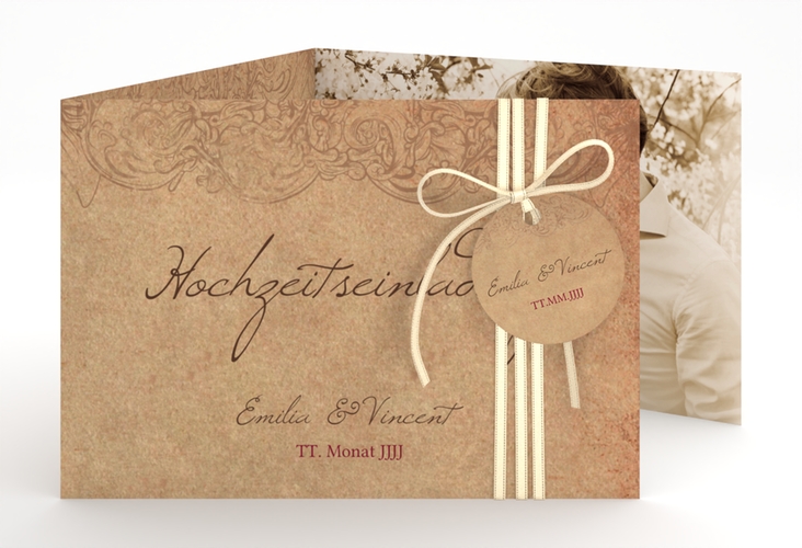 Hochzeitseinladung Fairytale A6 Doppel-Klappkarte braun mit Vintage-Bordüre