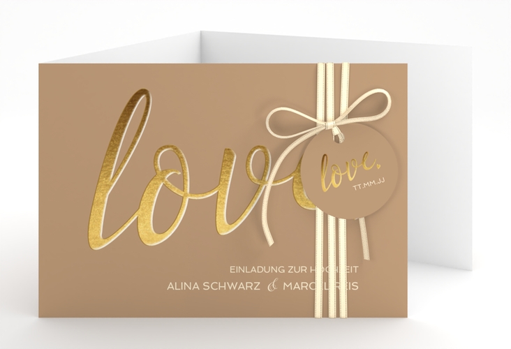 Hochzeitseinladung Glam A6 Doppel-Klappkarte beige hochglanz