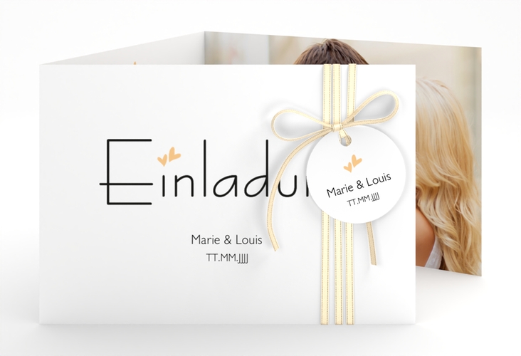 Hochzeitseinladung Twohearts A6 Doppel-Klappkarte beige