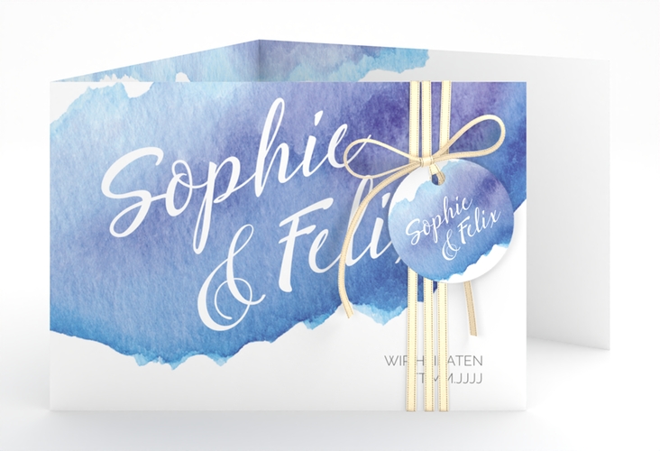 Hochzeitseinladung Aquarella A6 Doppel-Klappkarte blau