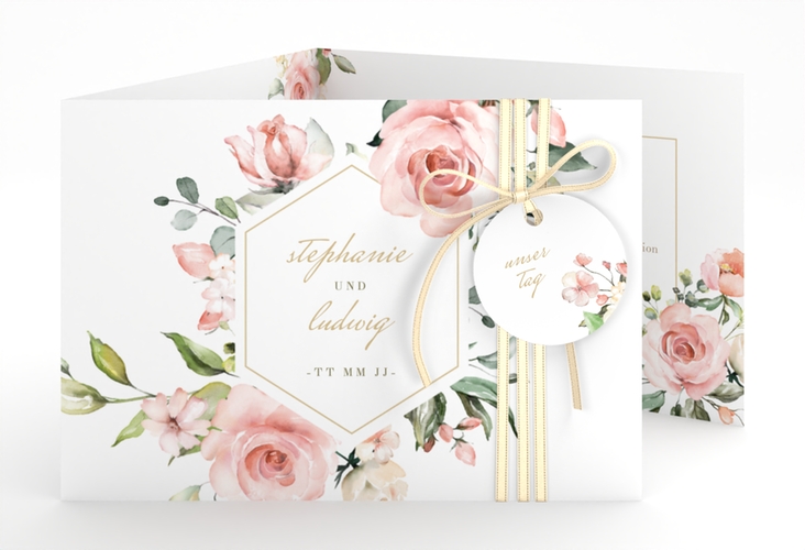 Hochzeitseinladung Graceful A6 Doppel-Klappkarte weiss hochglanz mit Rosenblüten in Rosa und Weiß