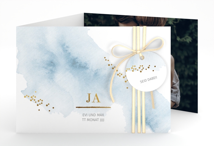 Hochzeitseinladung Pastell A6 Doppel-Klappkarte blau hochglanz