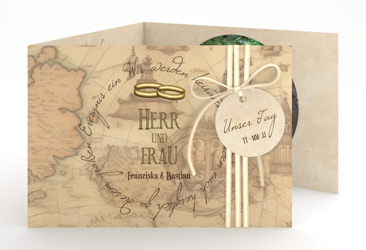 Hochzeitseinladung Zwei Ringe A6 Doppel-Klappkarte mit Eheringen und Fantasy-Landkarte