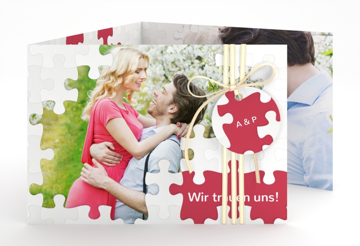 Hochzeitseinladung Puzzle A6 Doppel-Klappkarte rot