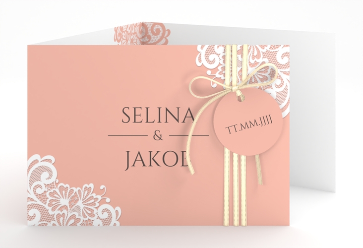Hochzeitseinladung Vintage A6 Doppel-Klappkarte apricot mit floraler Spitze