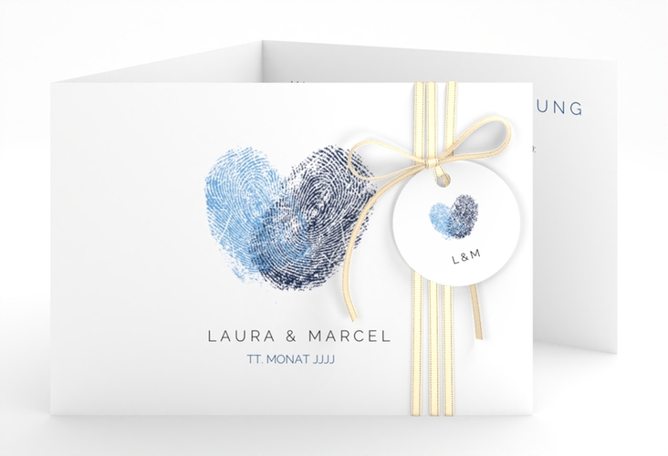 Hochzeitseinladung Fingerprint A6 Doppel-Klappkarte blau hochglanz schlicht mit Fingerabdruck-Motiv