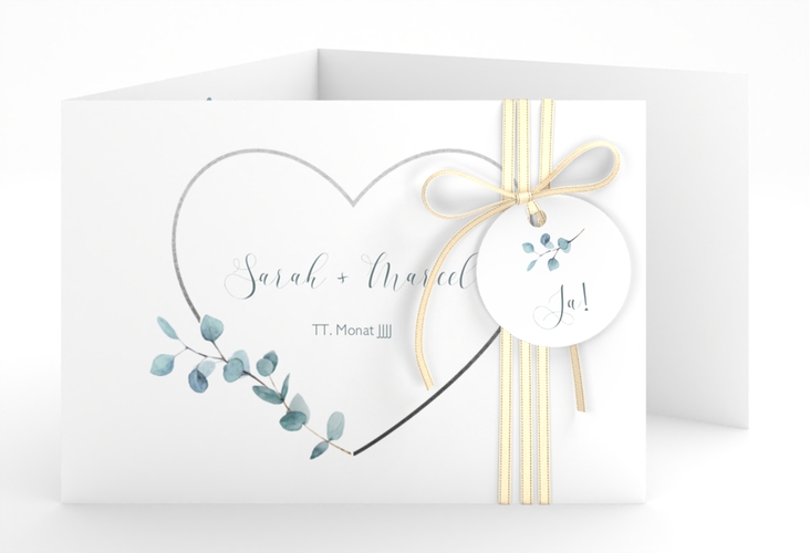 Hochzeitseinladung Greenheart A6 Doppel-Klappkarte hochglanz mit elegantem Herz und Eukalyptus-Zweig
