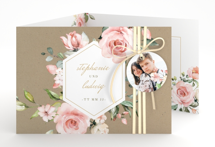 Hochzeitseinladung Graceful A6 Doppel-Klappkarte Kraftpapier mit Rosenblüten in Rosa und Weiß