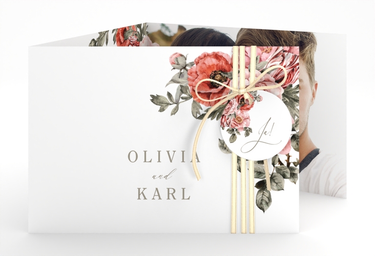 Hochzeitseinladung Grazioso A6 Doppel-Klappkarte weiss modern mit Mohnblumen und Rosen
