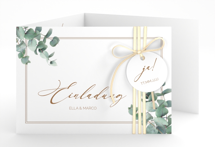 Hochzeitseinladung Eucalypt A6 Doppel-Klappkarte weiss mit Eukalyptus und edlem Rahmen